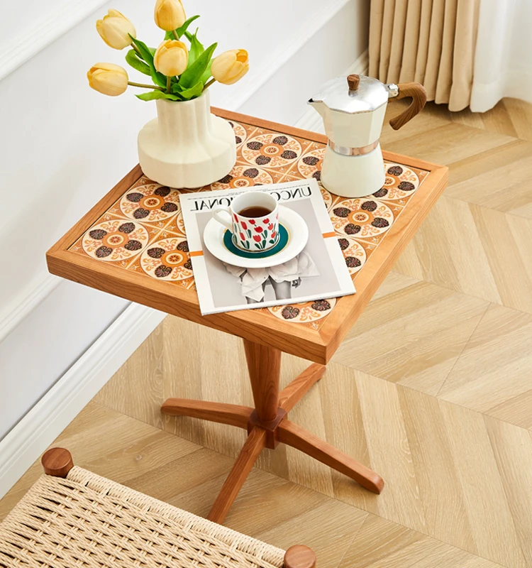 AJJ-XS032 Japanese small apartment balcony in the retro tile square table cherry solid wood sofa edge coffee table round table