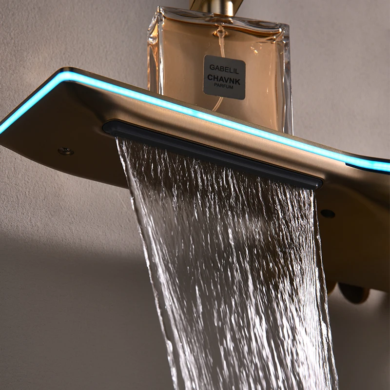 LED Light Shower Mixer Set Flow Exposed Smart Bathroom Shower Set with Piano Button Shower Thermostatic Bath Tap