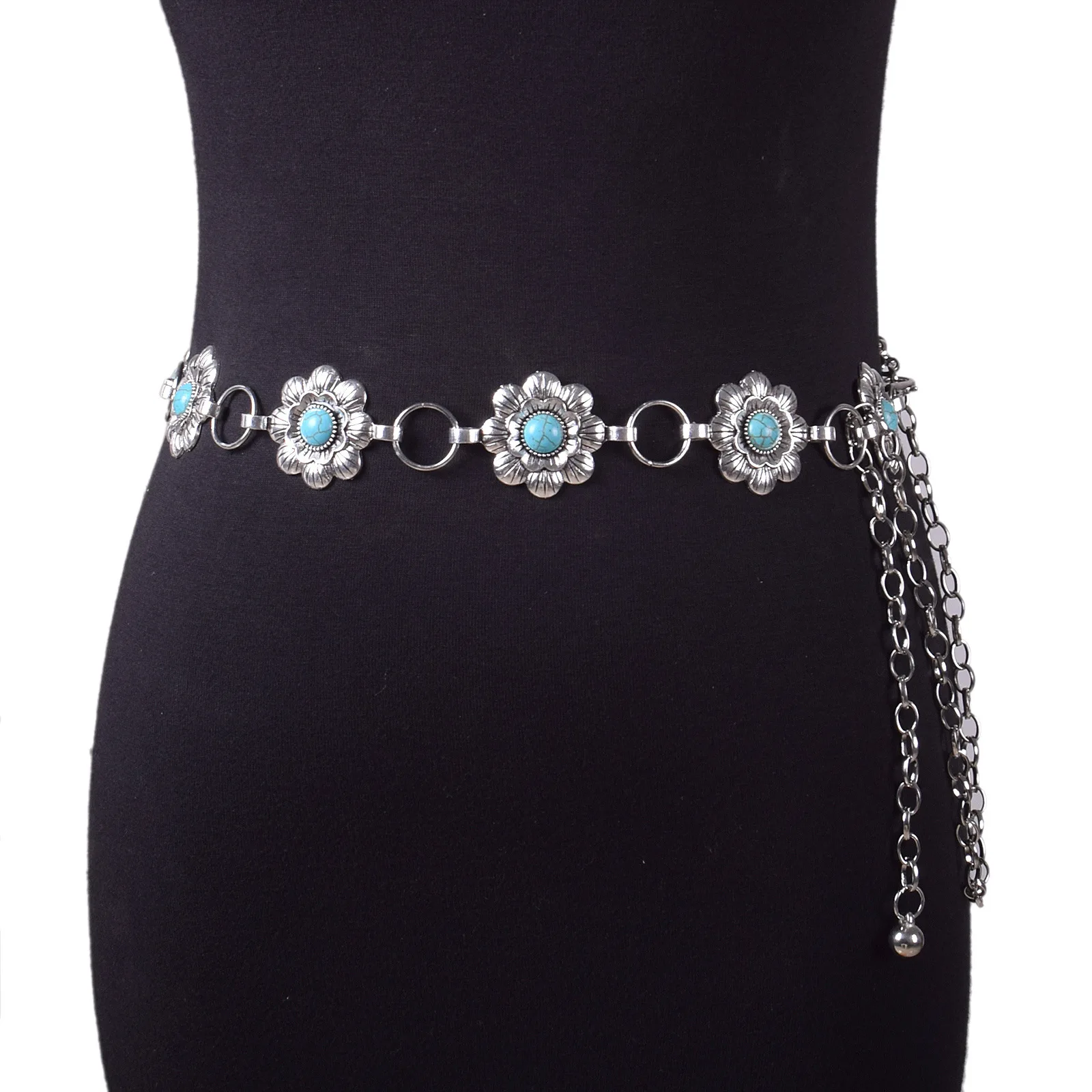 Fashion Oval Turquoise Stone Concho Retro Metal Belt Body Chain Jewelry Waist Belts For Women