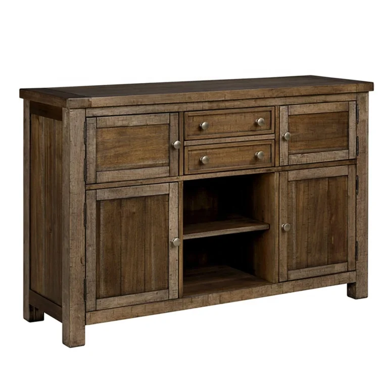 Rustic Antique Dining Room Wood Buffet with 4 drawers and Display Shelf