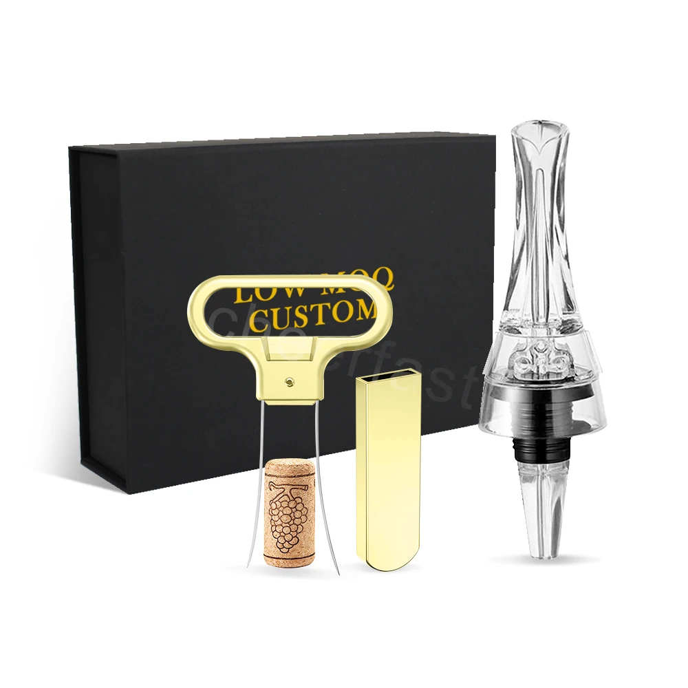 Most Popular Gold Two Zinc Alloytwo Prong Cork Pull Opener And Acrylic Wine Eagle Beak Decanter Black Gift Set Aerator Pourer
