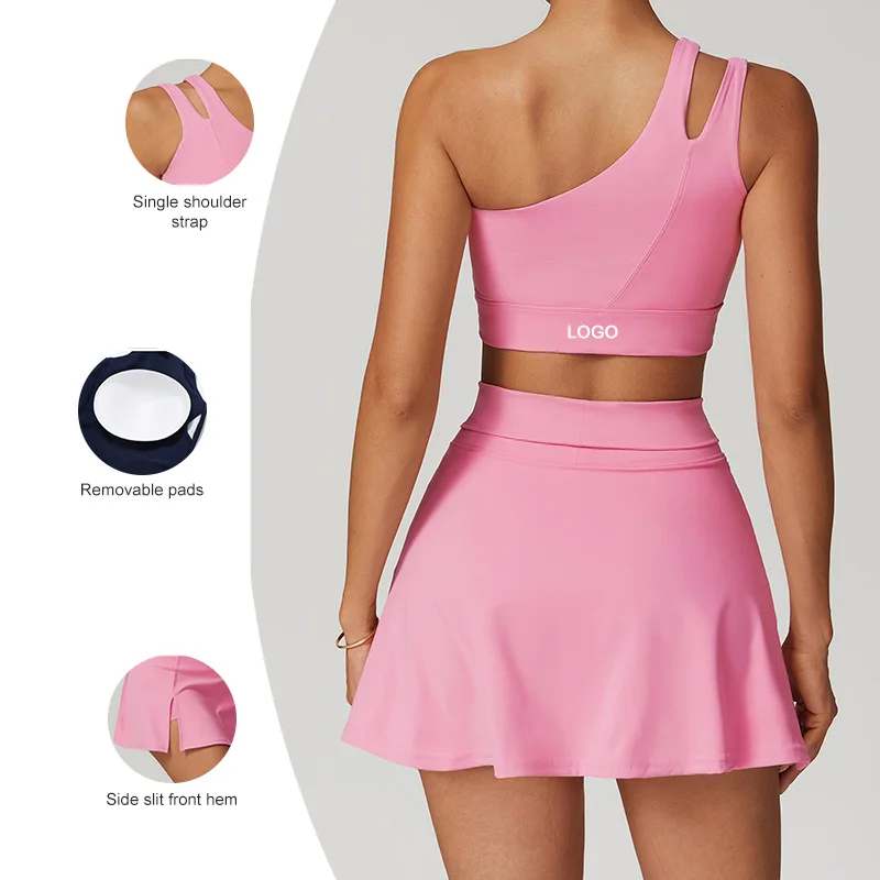 TZ6358 new arrival Yoga 2-piece skirts Set one shoulder strap bra women outdoor sports nude tennis skirts Fitness Gym Wear