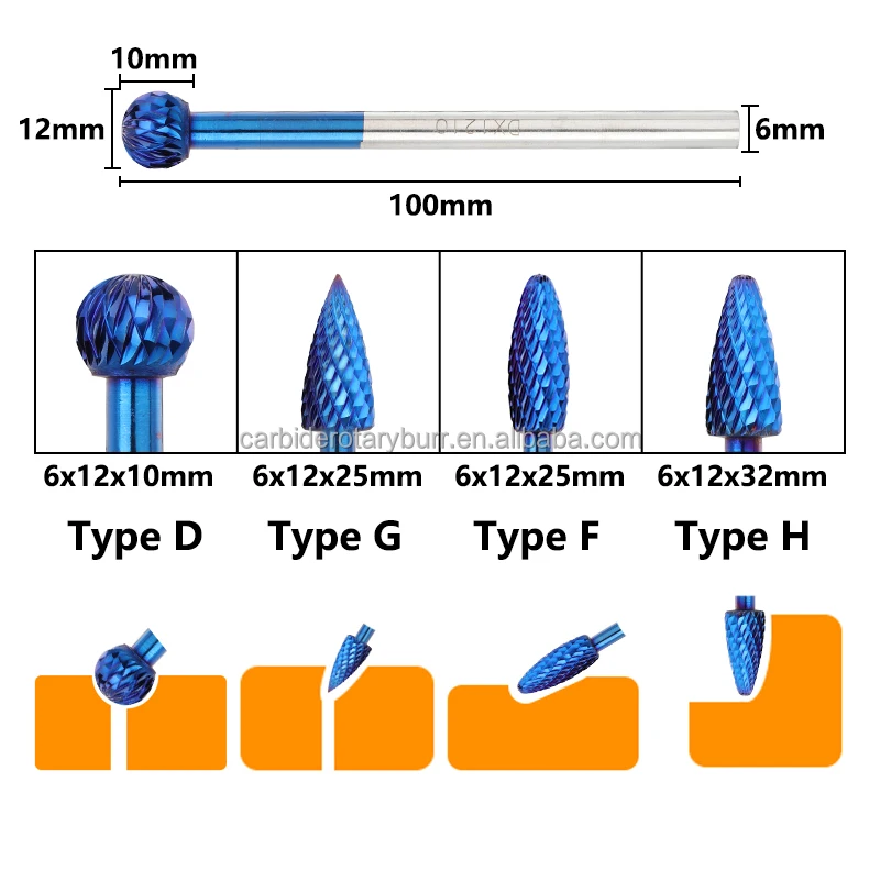 Total Length 100mm Long shank Metal File Double Cut Tungsten Carbide Rotary Burrs 6mm Shank Nano Blue Coated Rotary File burr