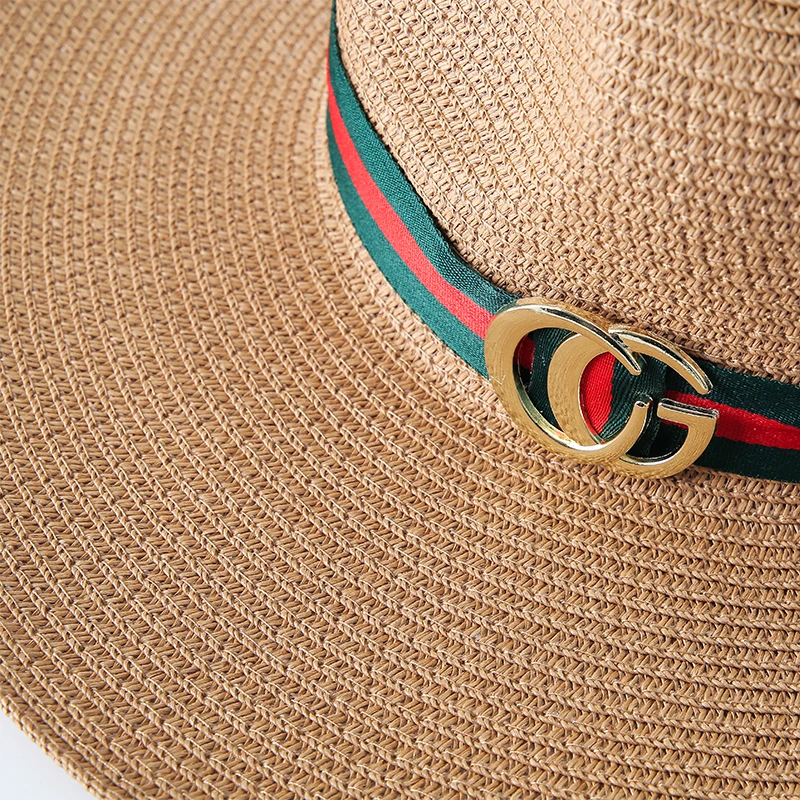 Green Red Striped Ribbon With metal Decorative Paper Straw Outdoor Hat For Women Men Wide brim Summer beach sunshade