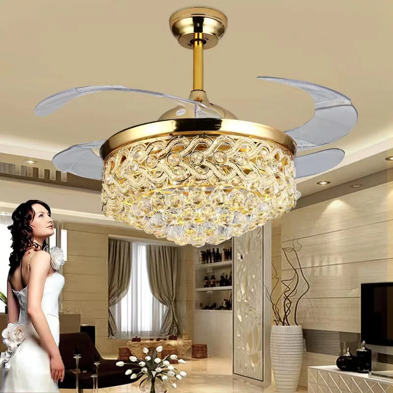 Dropship Guzhen Gold Color Luxury K9 Crystal Remote Control Invisible Ceiling Fan Lights Ceiling Fan With Light Fan Chandelier