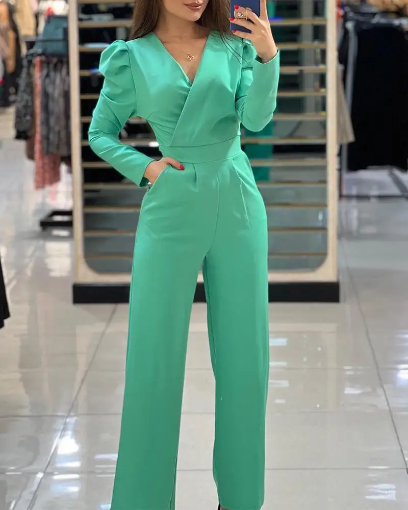 Spring and Autumn European and American Style Solid Color Bubble Sleeve Commuter Jumpsuit