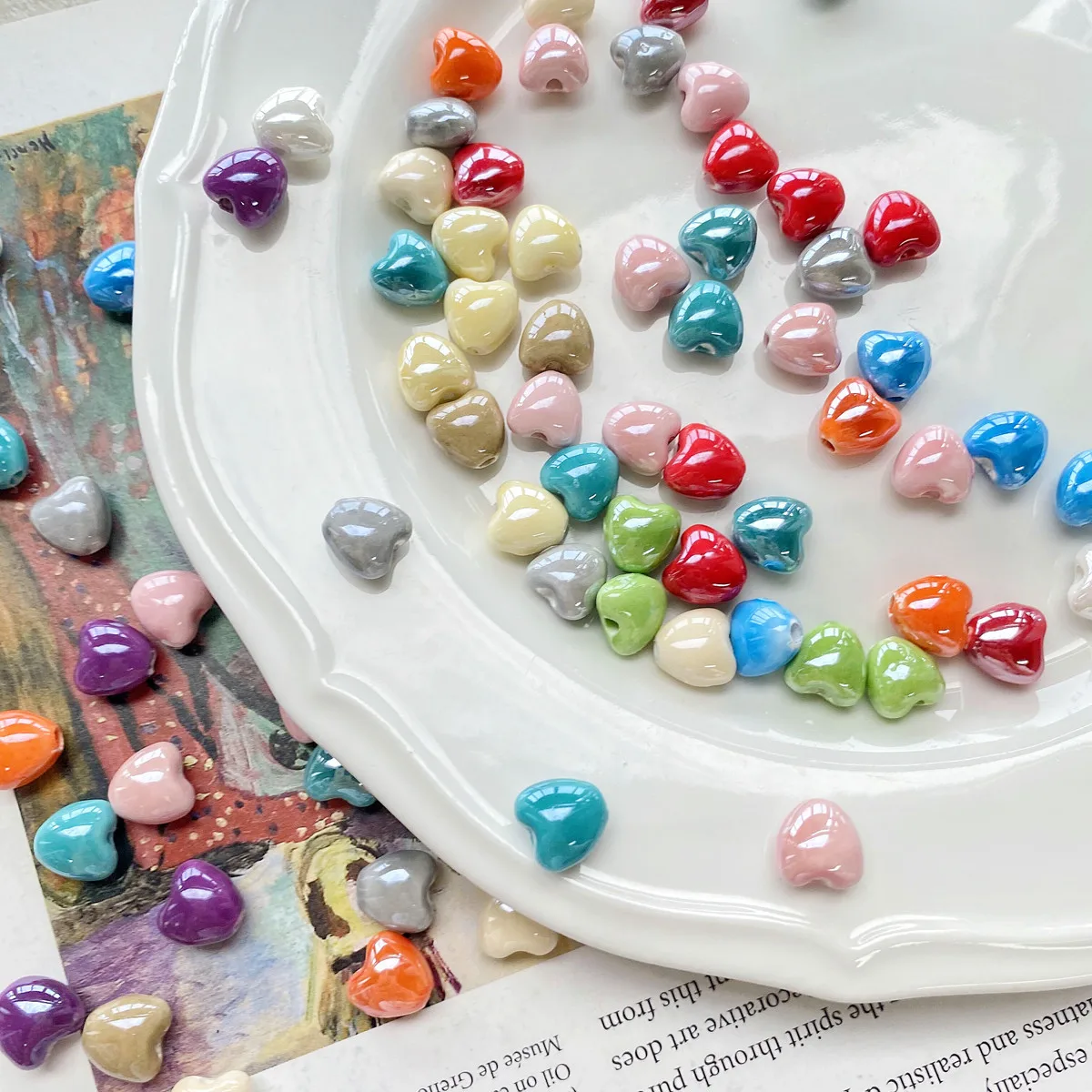 Wholesale AB Colorful Ceramic Heart Beads DIY  Necklace Bracelet Accessories , Ceramic Round Porcelain Beads for Jewelry Making
