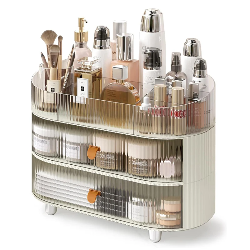 Stackable Makeup Organizer with 2 Drawers & 1 Clear Tray for Vanity Countertop Skincare Storage box Cosmetic Display Case