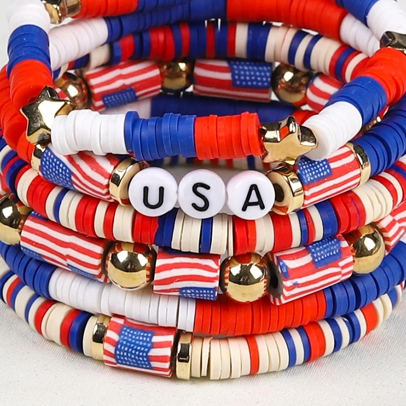 Fashionable Women Bracelet Handmade Clay Beaded Stretch Patroitic US Flag Bracelet Set
