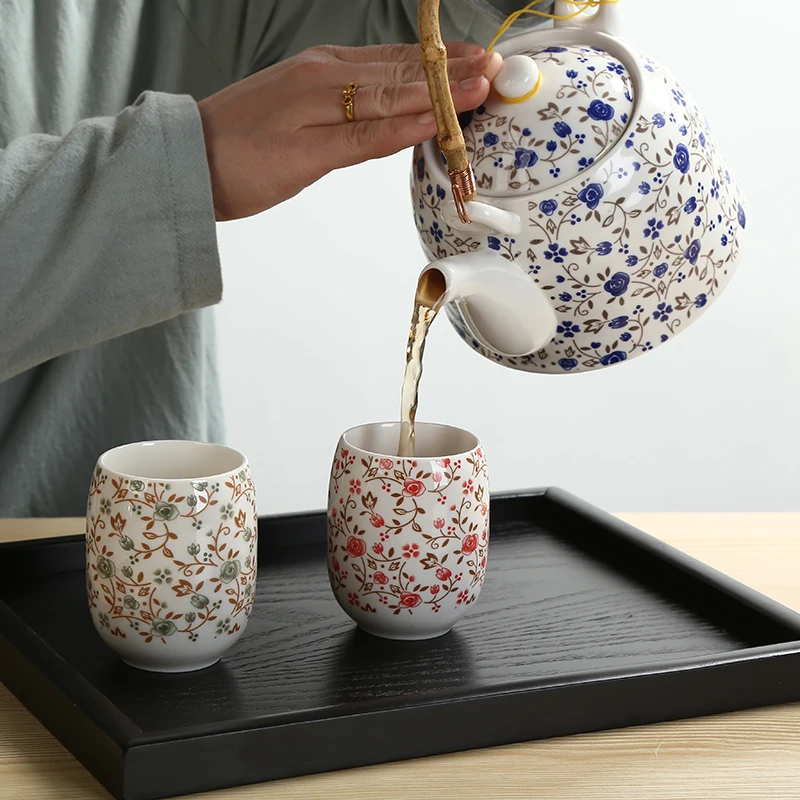 Japanese Style Tea Cup Pot Set Printed Teapot With Tea Stainer Ceramic China Tea Set