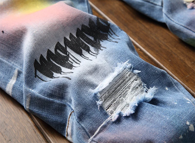 2023 Fahion Wholesale Skinny Stretch Slim Fit Jeans Men Biker Style Ink Jet Pants Trousers OEM Custom Jeans Colored Mens Jean