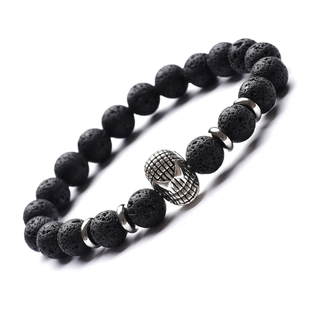 Mens LavaRock Bead Bracelets Set Silver Owl Lion Leopard Spiderman Alloy for women men  Natural Stone Bracelet, 8MM