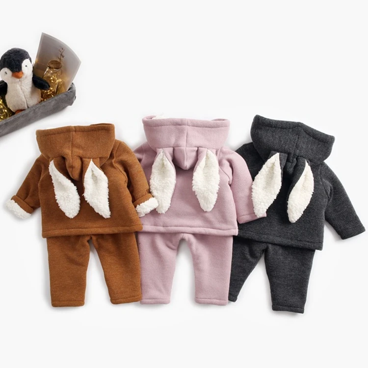 Cute Rabbit ear warm corduroy thicken plain winter velvet girl clothing set children clothes