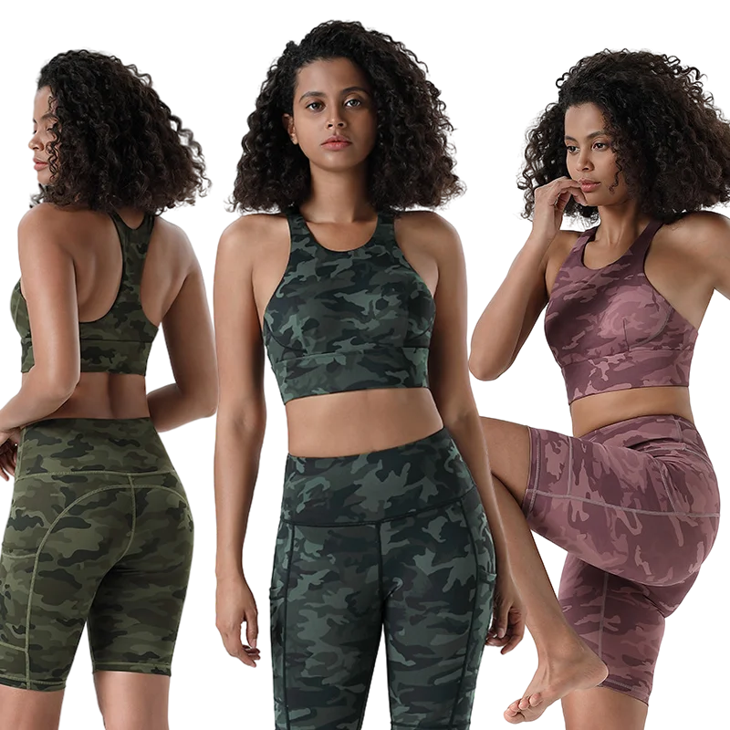 Лидер продаж Amazon 2021 спортивный костюм для фитнеса тренажерного зала спортивная одежда камуфляжный принт большой размер короткий комплект