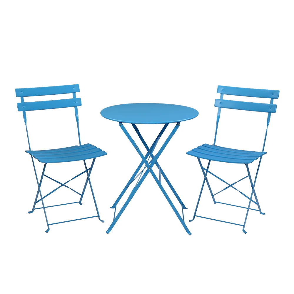 
3-Piece Foldable Premium Steel Leisure Dining Set Porch Furniture Folding Patio Round Table and Chairs Patio Conversation Sets 