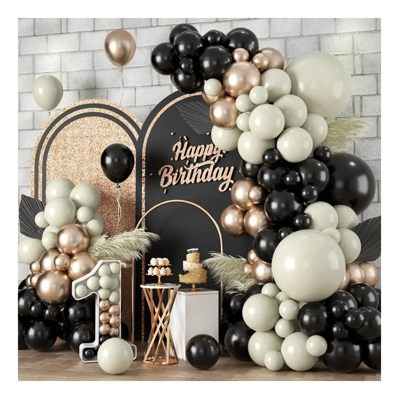 Anniversary Birthday Graduation Decorations Champagne Gold Sand White Black Balloons Arch Garland Kit