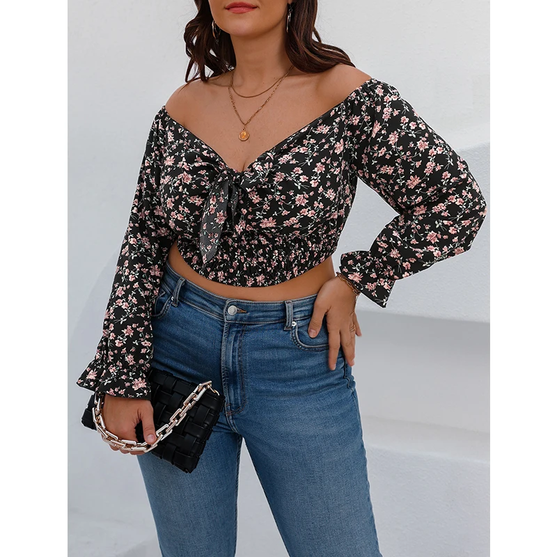 Hot Sell Wholesale New Design Ladies Clothing Floral V Neck Crop Top Casual Plus Size Off Shoulder Tops Long Sleeve