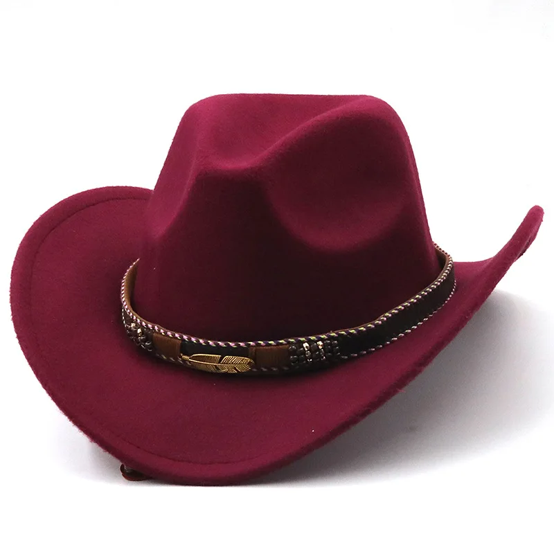 Vintage Felt Fedora Hats For Men Custom Metal Logo Leather Strap Wide Brim Sombrero Western Wool Felt Cowboy Hat With Strap