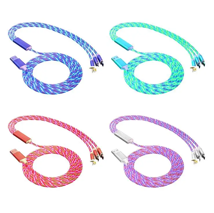 3 in 1 LED Flowing Charger 1.2m charger cable USB Led Luminous Micro Lighting usb Cables for iphone