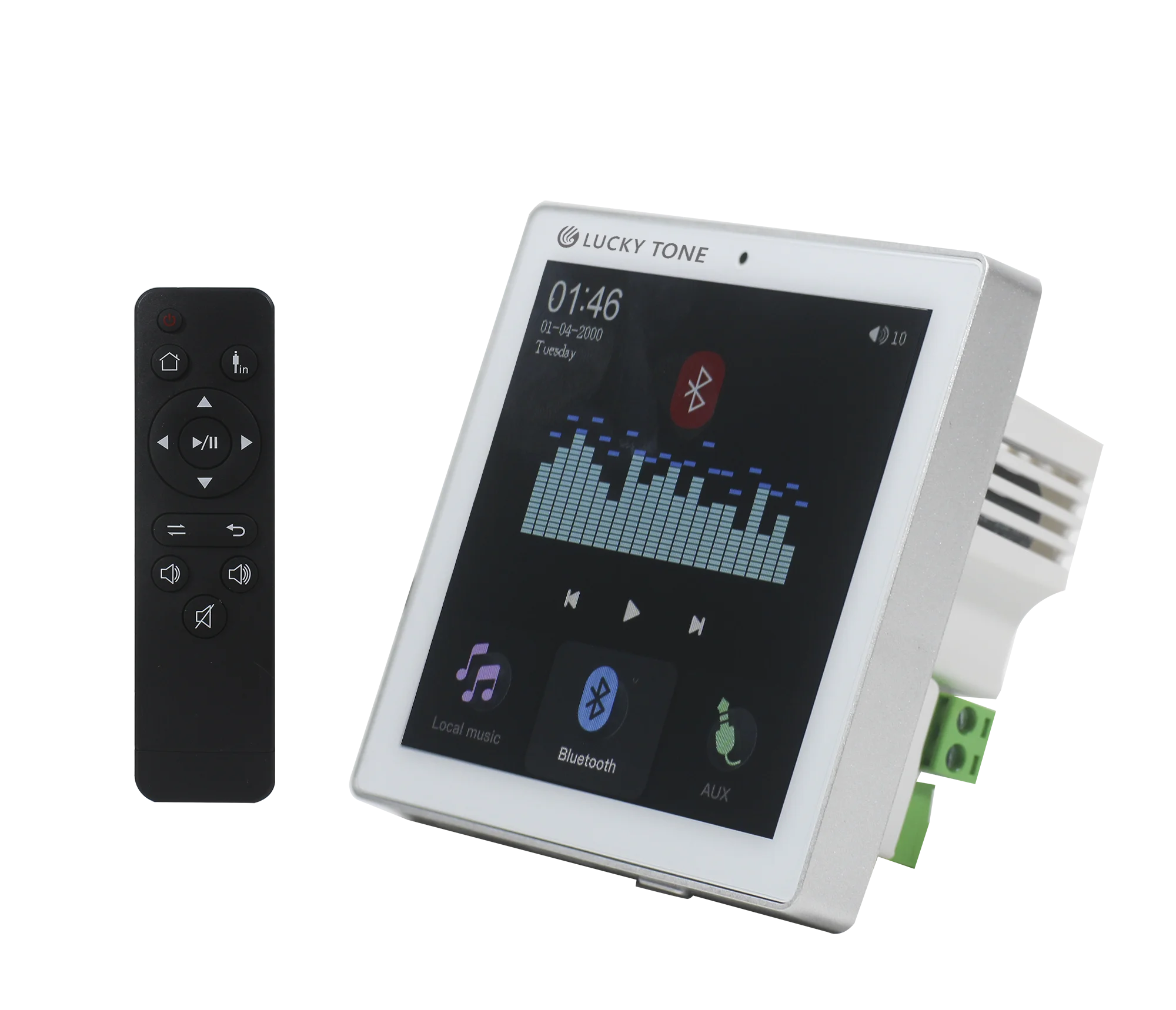 Wall amplifier 2*25W equipped with bluetooth,USB/TF,  FM Radio and RS485 protocal, 4 inch Touch Screen  New UI