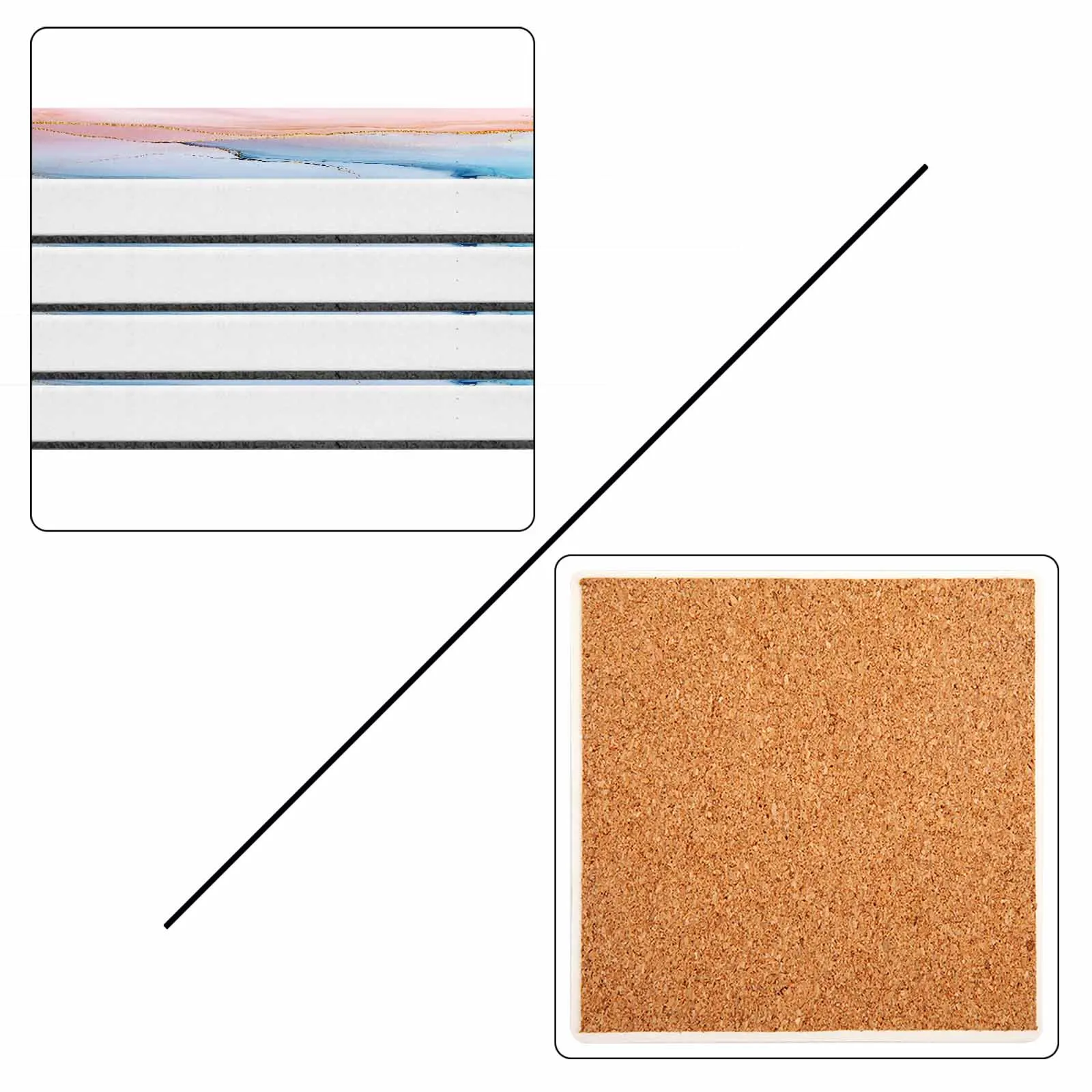 OEM Worn Wood Absorbent Square Marble Pattern Coaster Ceramic Stone Mat with Cork Base and Metal Holder Gift for Housewarming