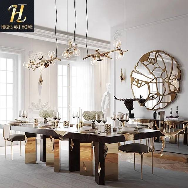 High Quality Rectangular Stainless Steel Titanium Gold Decorated Dining Table Luxury Villa Dining Table For 10 People