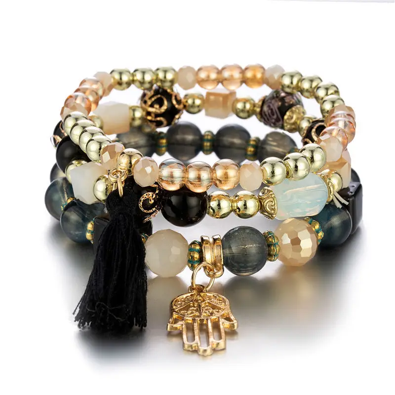 Trendy Boho Hamasa Hand Charm Bracelet Jewelry For Womans Fashion Tassel Beaded Bracelet Sets Wholesale