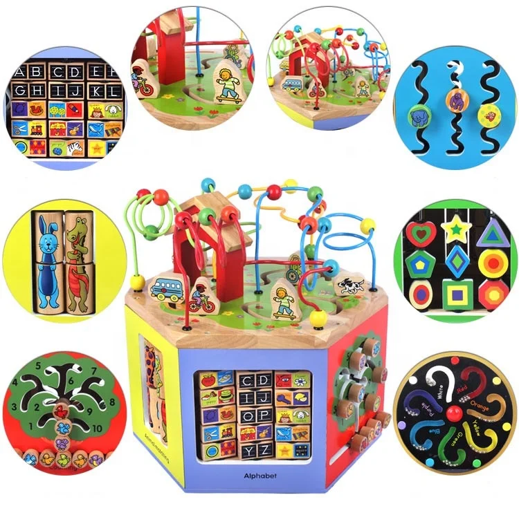 CWB35 Multifunction Multipurpose 6 Sides Bead Maze BOX Labyrinth Educational Wooden Box Toy Children Activity game Cube