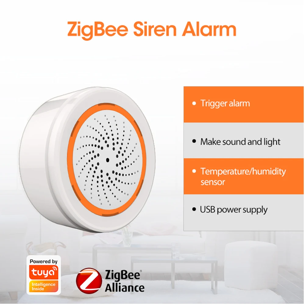 Smart Life USB Charger Wireless Sound Light Alarm Zigbee 3.0 Smart indoor Siren With Temperature And Humidity Sensor