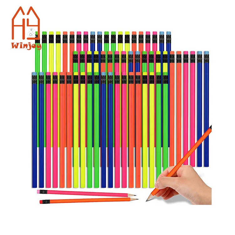 Neon Pencils for Kids HB Wood with Eraser Fluorescent Colored Wood Pencils Colorful Round Writing Drawing Pencils School Student