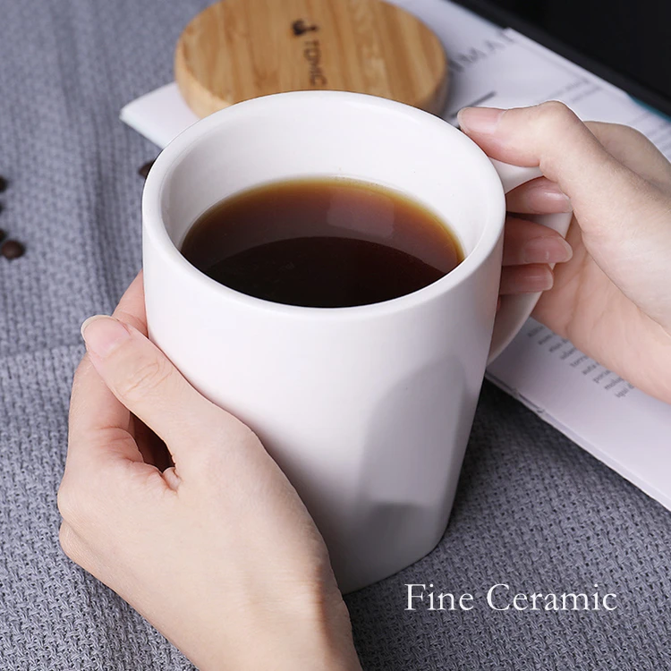 Custom Large Modern 13 oz Cup Nordic Matte White Black Ceramic Coffee Mug with Bamboo Lid