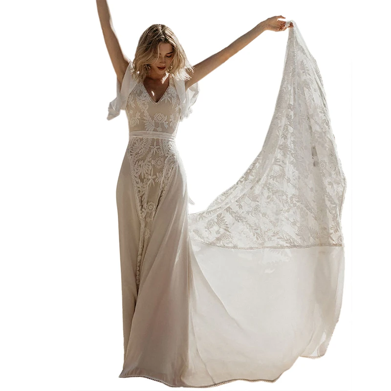 
Wholesale White High Quality Elegant V Neck Short Sleeve Lace Crepe Bridal Wedding Dress 