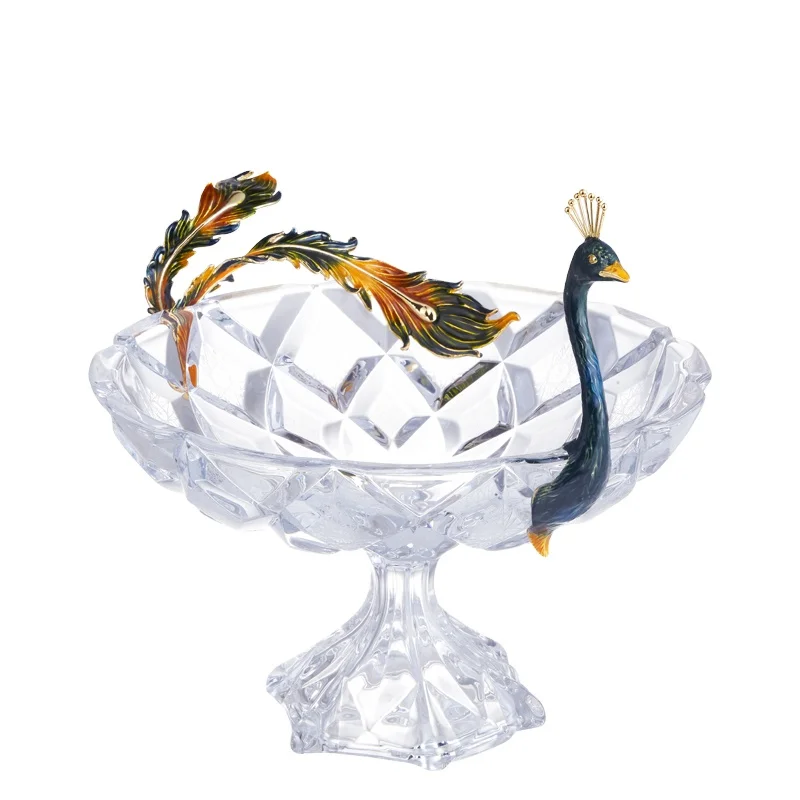 Handpaint Cloisonne Enamel Gold Charger Stand Party Glass Tray Enamel Peacock Crystal Luxury Dishes Plates