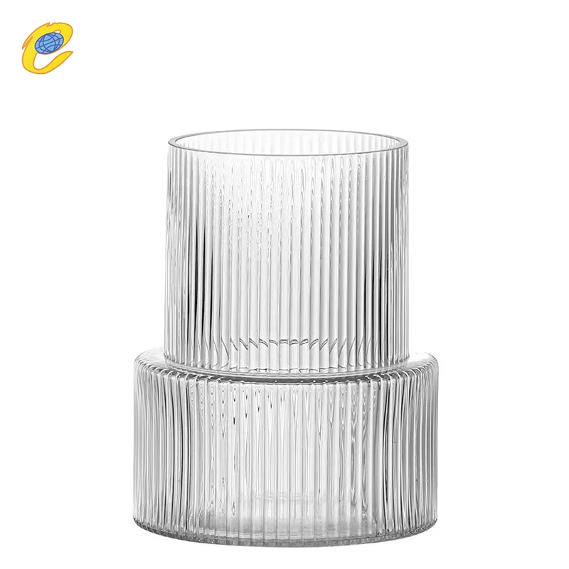 High Quality Nordic Vertical Stripe Clear Grey Glass Vase Tabletop Decoration