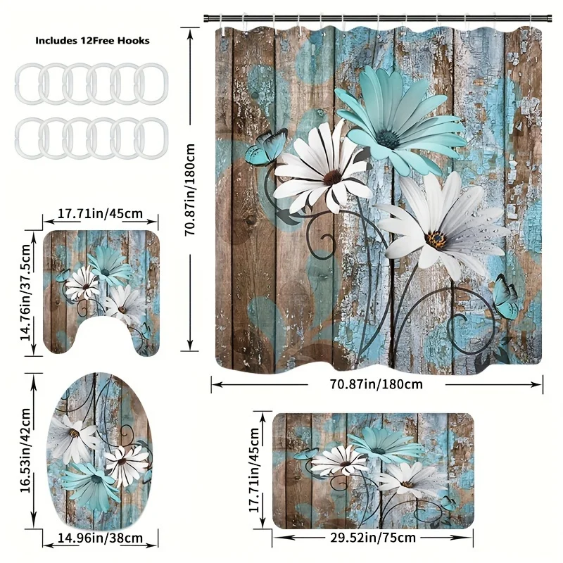 Daisy Wooden Board Printed Shower Curtain Set Waterproof Bathroom Partition Curtain With Hooks