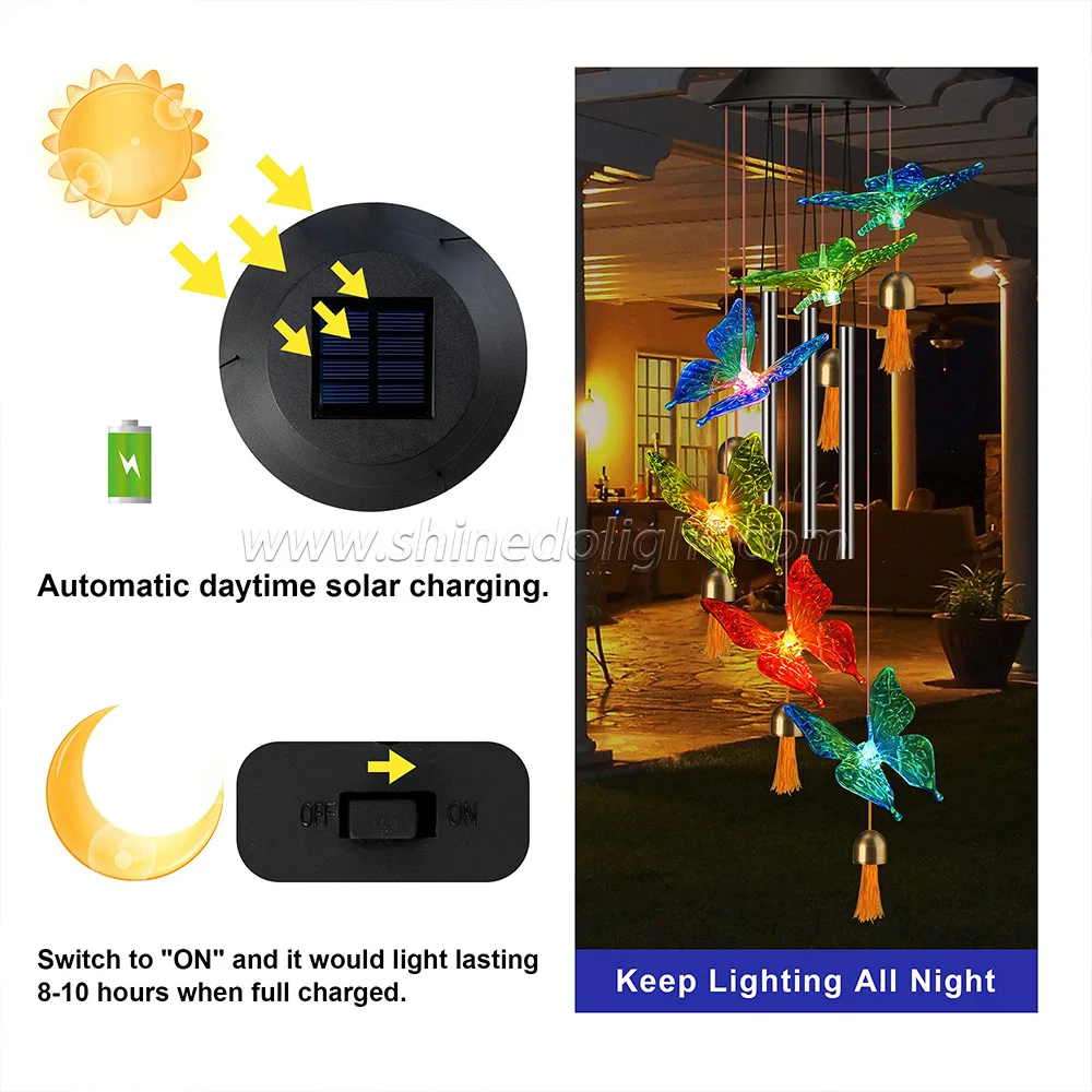 Ветряные колокольчики на солнечной батарее для украшения сада трубки из алюминиевого сплава ветряные с бабочкой и