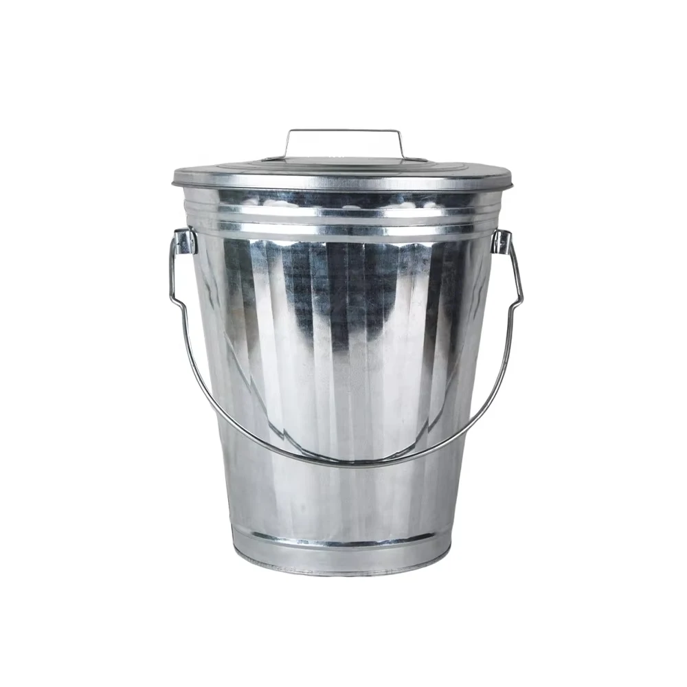 Galvanized Metal Trash Can  Decorative Garbage Waste Bucket with Lid Round Rubbish Bin