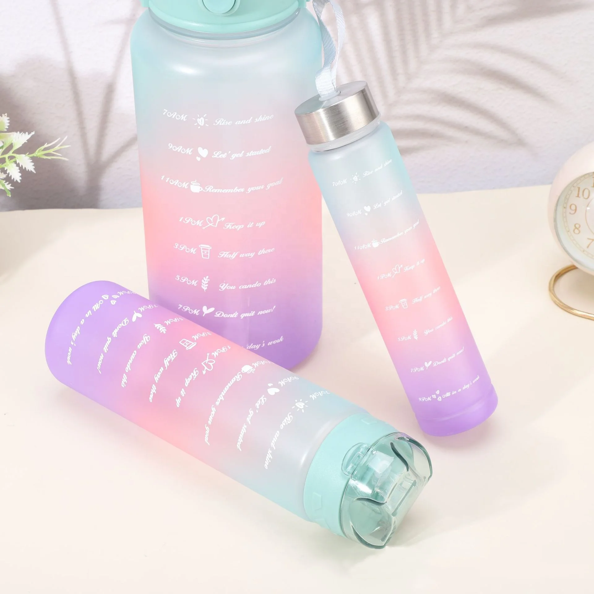 Gradient color tour camp 3 piece set PC plastic water bottle 2000ml 64oz jug with motivational and time marker OEM ODM