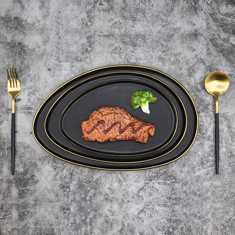 Black Dinner Plate Tableware Gold Rim Ceramic Irregular Serving Dish Set for Restaurant