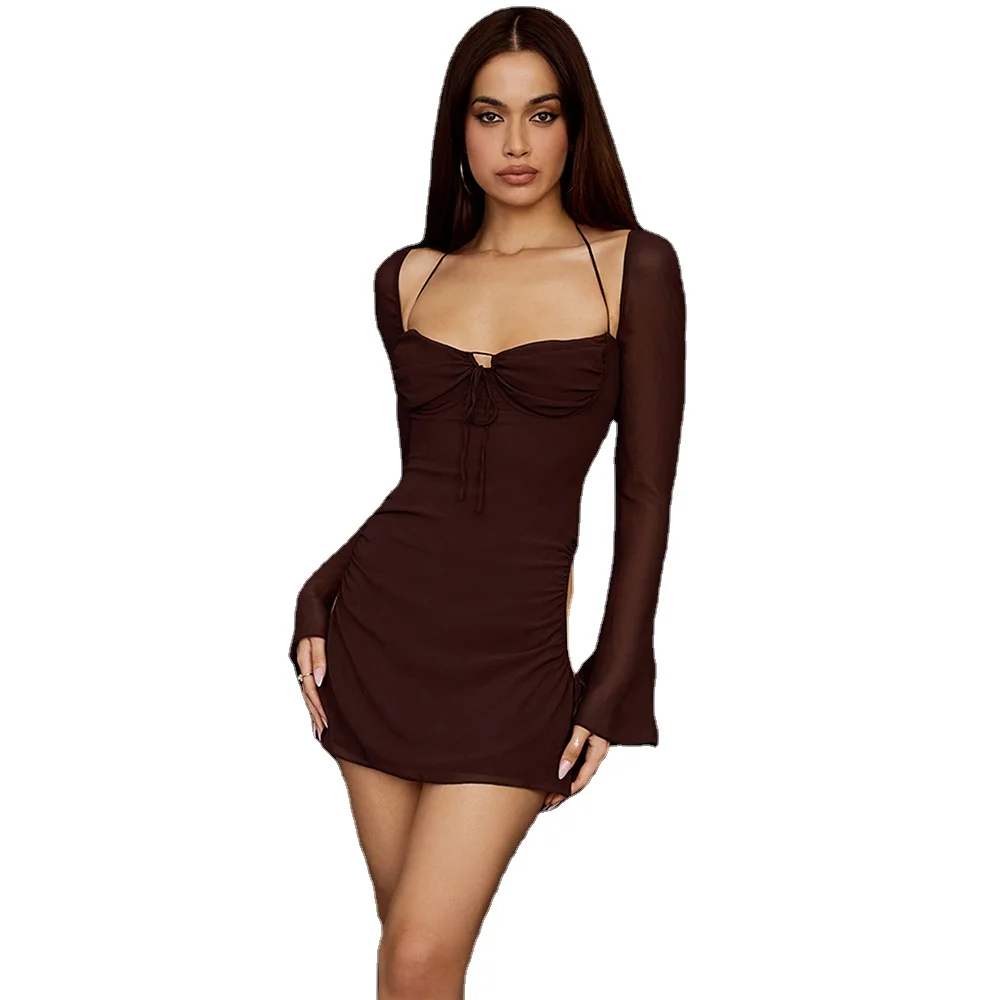 6431 Women Flare Sheer Sleeve Evening Dress Sexy Square Collar Bandage Robes Elegant Halter Cut Out Party Birthday Dresses