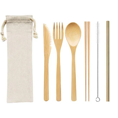 Bamboo travel cutlery set eco friendly flatware set knife fork spoon camping cutlery set with pouch