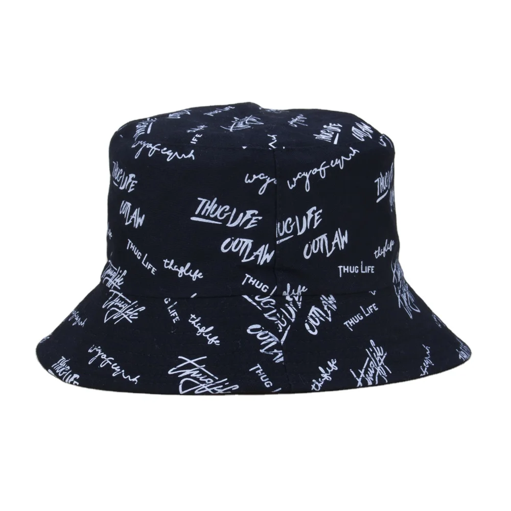 Low Moq Reversible Custom Logo Allover Printed And Embroidered Cotton Fisherman Wide Brim Bucket Hat
