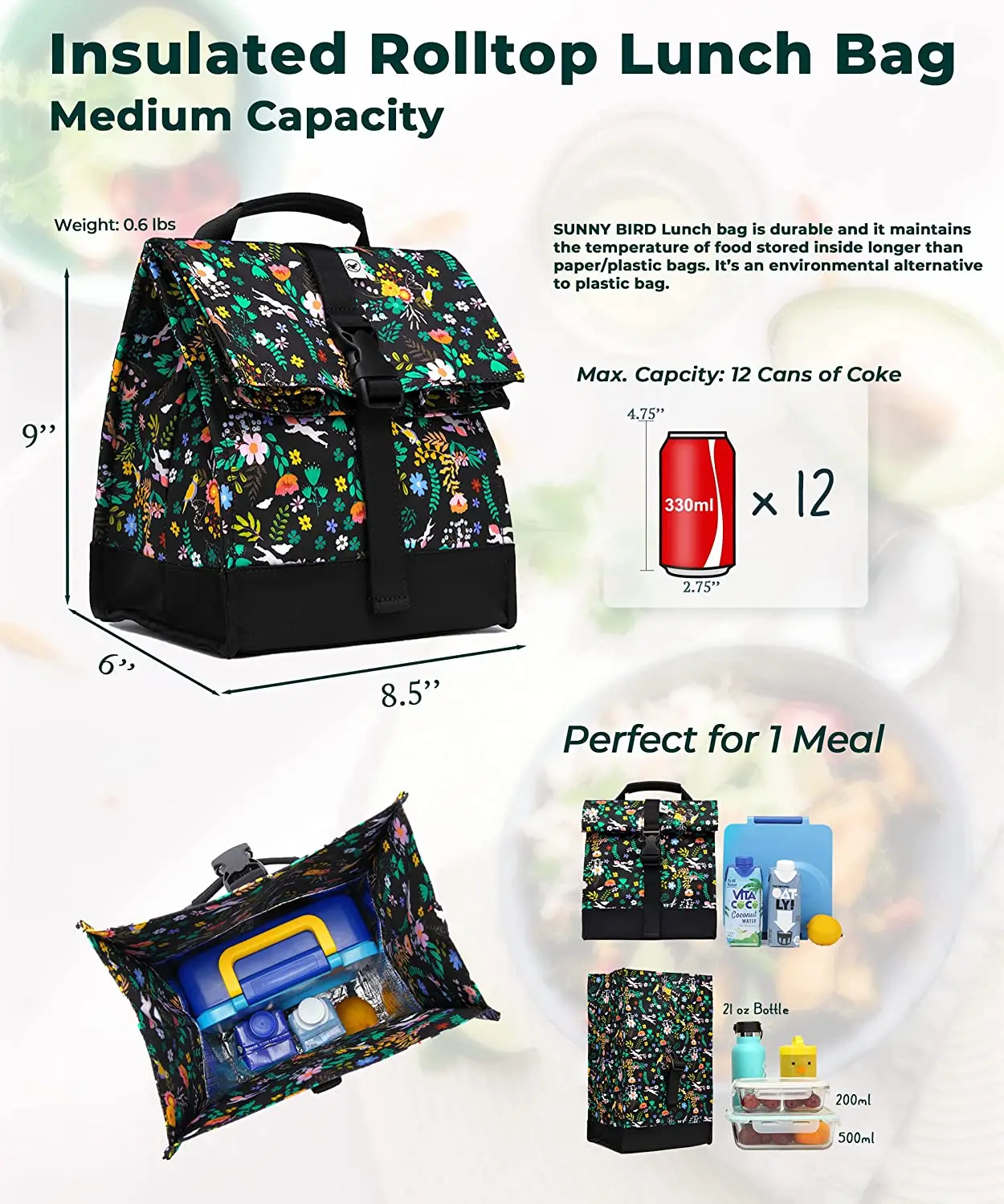 Multiple custom fashion Insulated Rolltop Lunch bag with high capacity handle carry bag