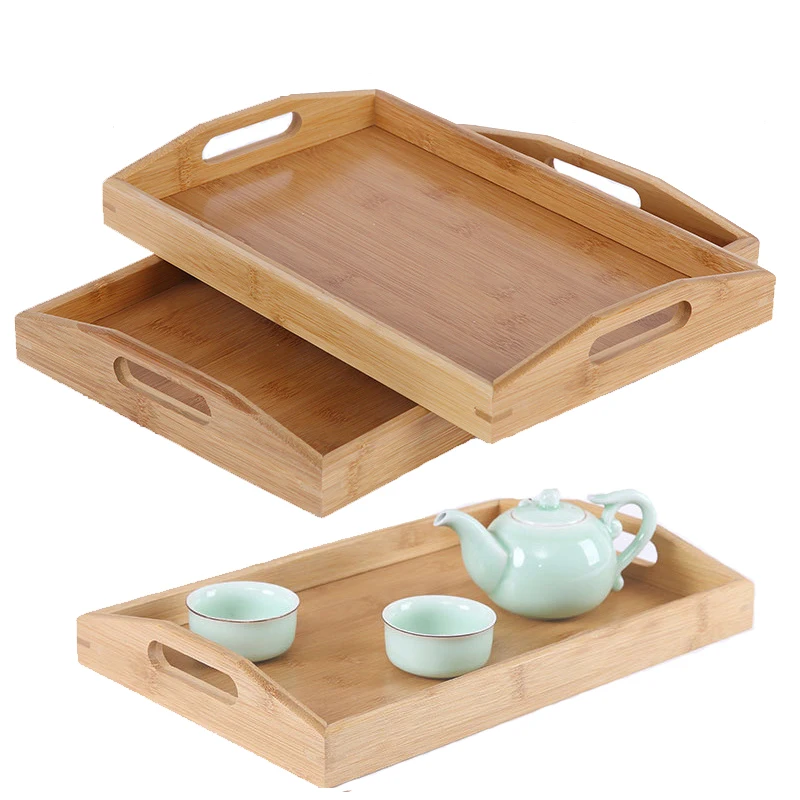 Wholesale High Quality Natural Bamboo Wooden Plate Food Serving Tray with Handles Wooden Tray