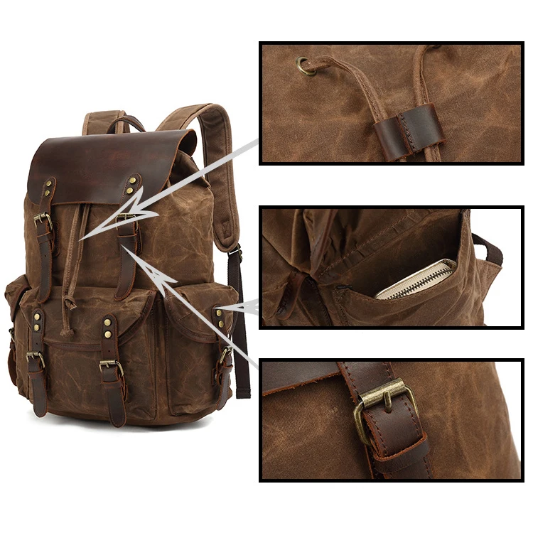 Genuine Leather Canvas Waxed Backpack Large School Bag Travel Rucksack Laptop Bag