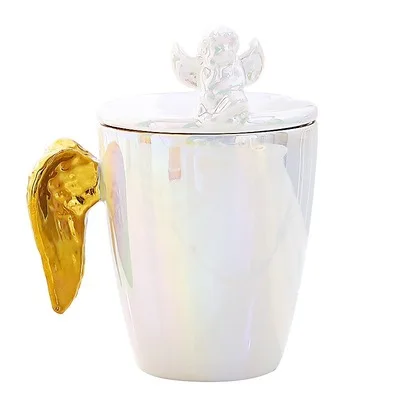 Creative Angel Ceramic Mugs with Lid Porcelain cup with pearl glaze