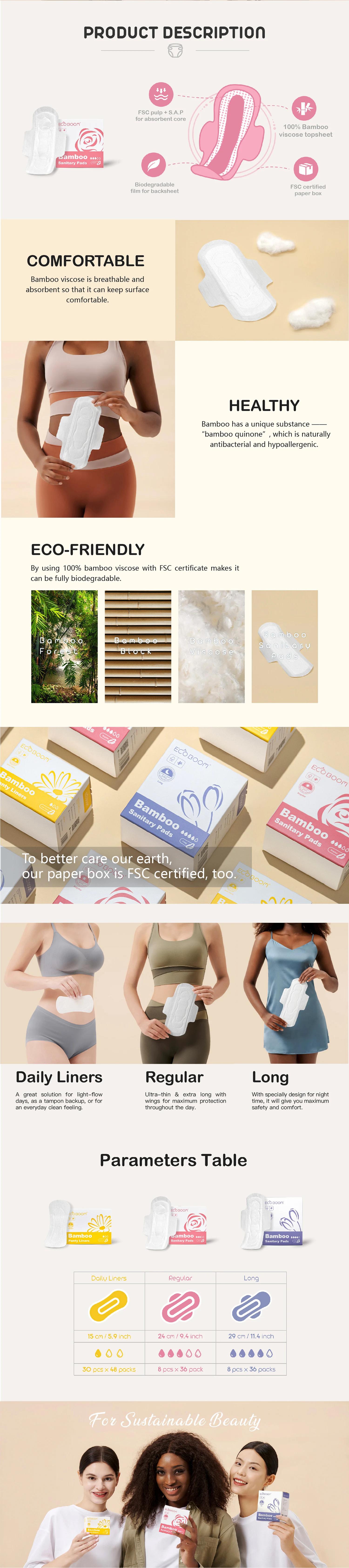 OEM ODM sensitive pure white degradable dry eco-friendly napkin 100% bamboo sanitary pads biodegradable panty liner for Amazon