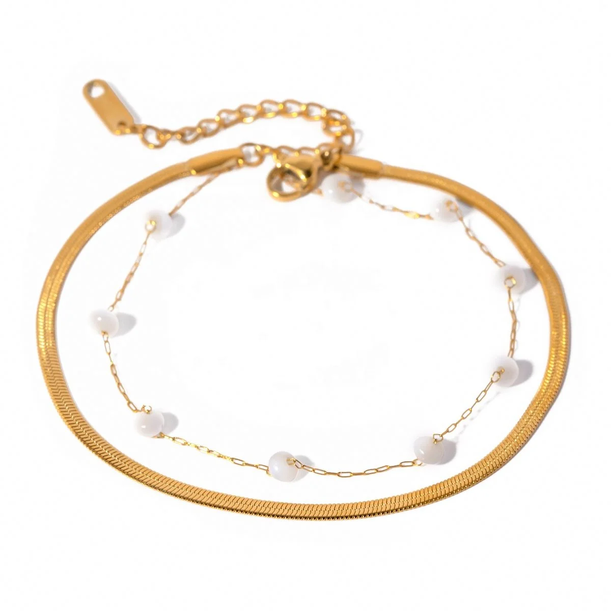 A335 18K Gold Plated Stainless Steel Blade Chain Flat Snake Chain Round Shell Bead Anklet