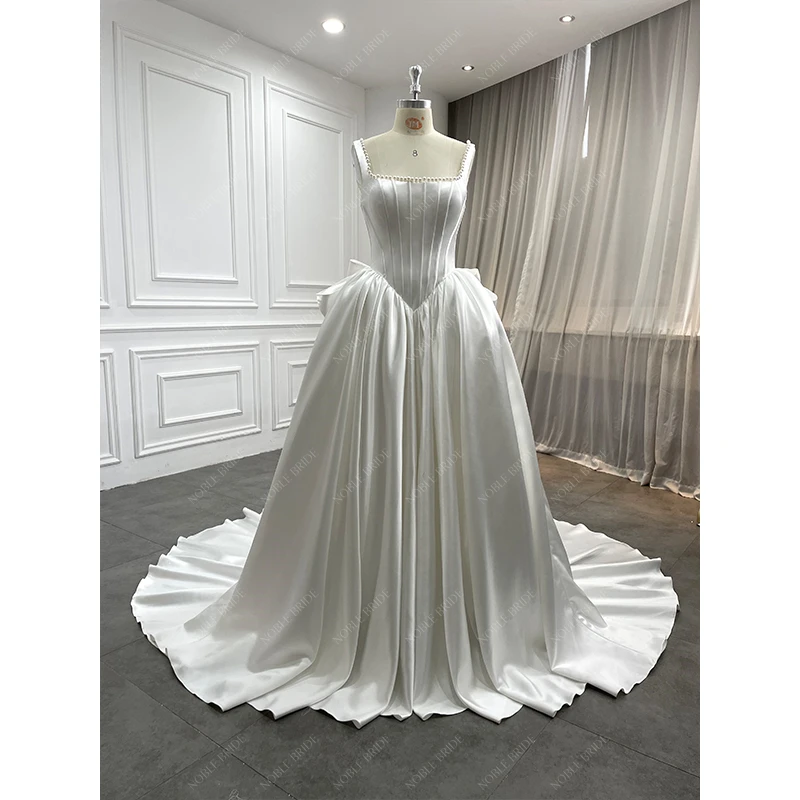 Square Neck Basque Waistline Shiny Satin Wedding Dress Plain Women Minimalist Pearl Corset Lace Up Ball Gown with Bow Real Photo