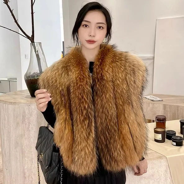 Natural Color Fluffy Luxury Fur Vest Women Elegant Raccoon Fur Gilet Sleeveless Fox Fur Gilet